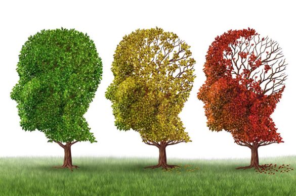 Three stylized trees shaped like human heads, transitioning from vibrant green leaves to autumn colors, symbolizing the evolution of artificial intelligence and its impact on society.