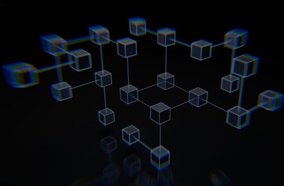 Abstract representation of interconnected blockchain nodes illustrating blockchain technology in healthcare and its transformative benefits.