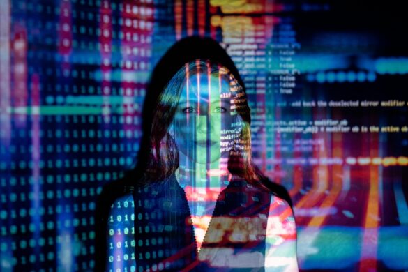 A Woman With Computer Code And Digital Data Projections Over Her Face, Symbolizing Ai Technology And Innovation In Video Generation Platforms