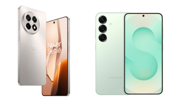 A Side-By-Side Comparison Of The Oneplus 13R And Samsung Galaxy S25 Smartphones, Showcasing Their Rear And Front Designs.