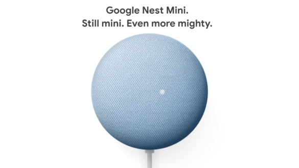 Google Nest Mini (2Nd Gen) Smart Speaker In Sky Blue Color With The Tagline &Quot;Still Mini. Even More Mighty