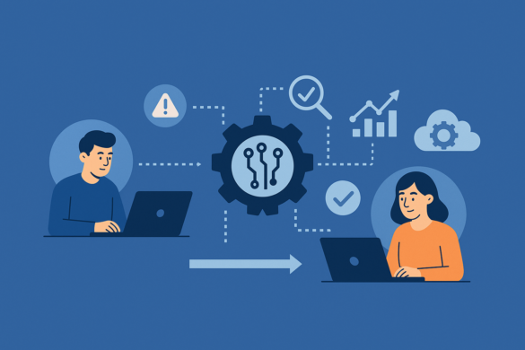 Digital Illustration Showing The Evolution Of It Automation From Reactive Support To Predictive It Management, Featuring Two Professionals Working On Laptops With Icons Of Analytics And Automation.