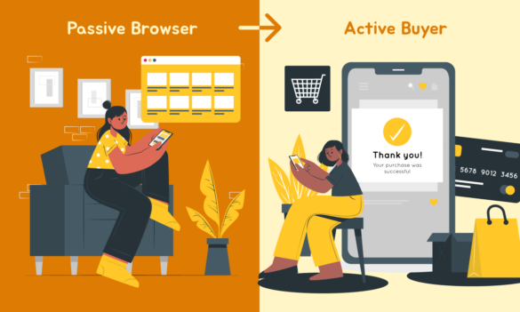 Illustration Showing Transition From A Passive Browser To An Active Buyer On A Mobile Device.