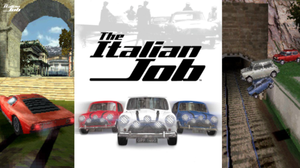 Cover And Gameplay Screenshots From The Italian Job Video Game, Featuring Mini Coopers In Action-Packed Heist Sequences.