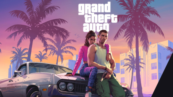 Official Gta 6 Artwork Featuring Two Main Characters Sitting On A Classic Muscle Car With A Neon-Lit Miami-Inspired Backdrop.