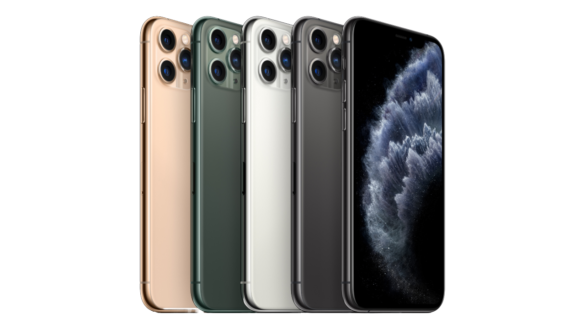 A Lineup Of Apple Iphone 11 Pro Models In Different Colors, Showcasing The Triple-Camera System And Sleek Design.