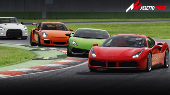 A High-Speed Racing Scene From Assetto Corsa Featuring A Red Ferrari Leading A Pack Of Supercars, Including A Porsche, Lamborghini, And Nissan Gt-R, On A Sharp Turn.