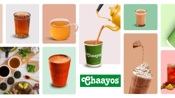 A Collage Of Various Tea Beverages Offered By Chaayos, Featuring Traditional Chai, Herbal Teas, And Iced Tea, With The Chaayos Logo In The Center.