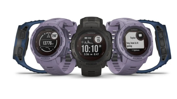 A Lineup Of Five Garmin Instinct® Solar Smartwatches In Various Colors And Modes, Showcasing Features Like Altimeter, Compass, Notifications, And Solar Charging.