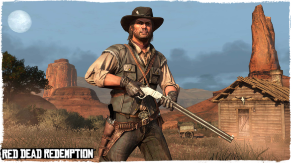 Ohn Marston Holding A Rifle In Front Of A Wooden Cabin And Desert Cliffs In Red Dead Redemption