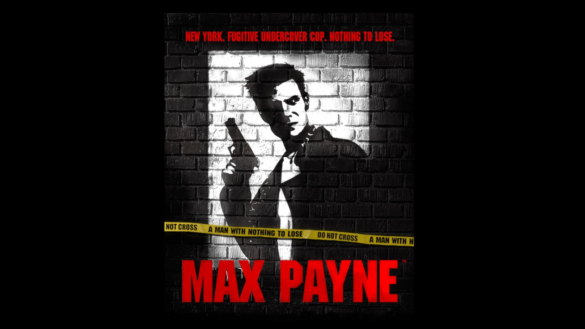 Poster Of Max Payne Featuring A Noir-Style Silhouette Of A Man With A Gun Against A Brick Wall Backdrop, With Red And Yellow Crime Scene Graphics.