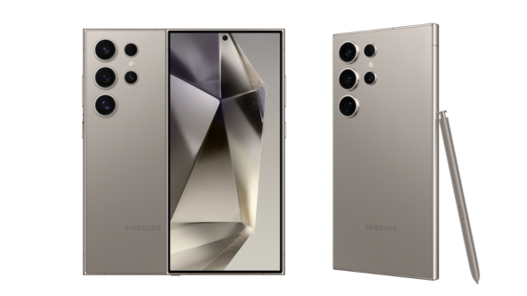 Samsung Galaxy S24 Ultra In Titanium Gray Shown From Front, Back, And Side With S Pen