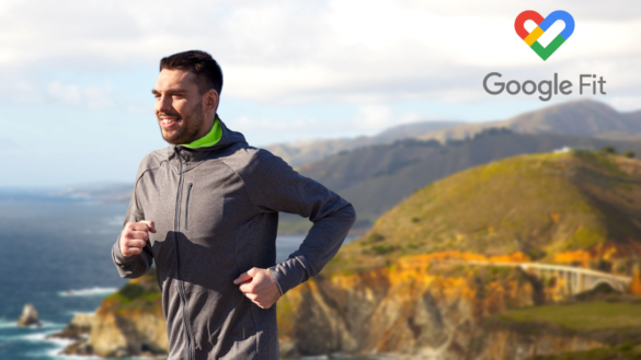 Man Jogging Along A Scenic Coastal Trail With Google Fit Logo In The Background