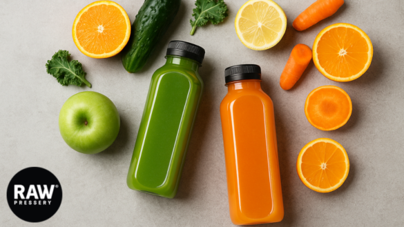 Cold-Pressed Green And Orange Juice Bottles Surrounded By Fresh Fruits And Vegetables On A Gray Background.