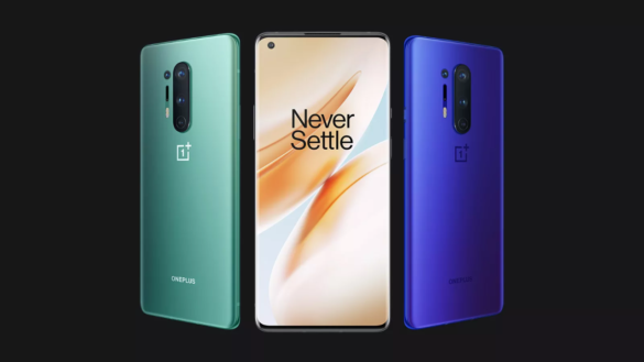 Three Oneplus 8 Pro Smartphones In Glacial Green, Ultramarine Blue, And Front Display View With 'Never Settle' Wallpaper.