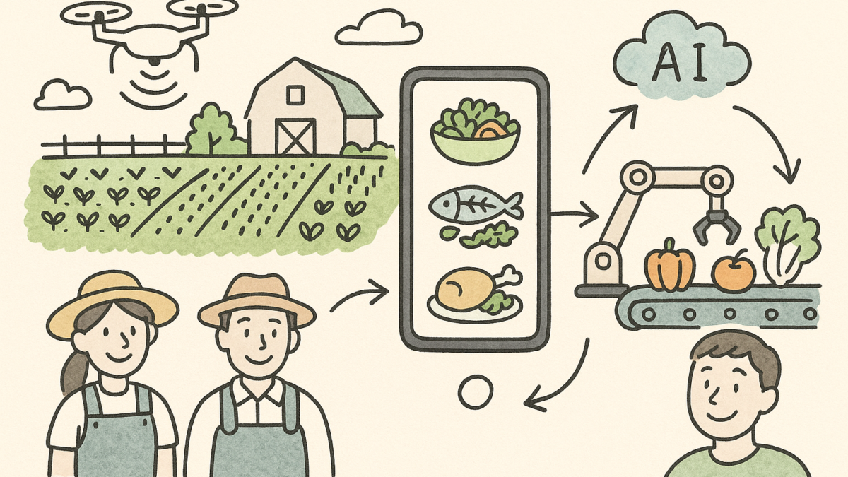 Farmers using AI technology with drone, smartphone displaying food items, and robotic automation for food processing, illustrating AI's impact on agriculture and food production.