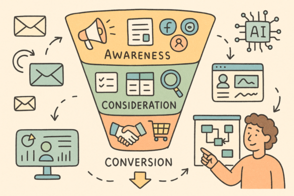 Marketing Funnel Illustration Showing The Stages Of Awareness, Consideration, And Conversion With Visual Icons And Email, Ai, And Analytics Integration.