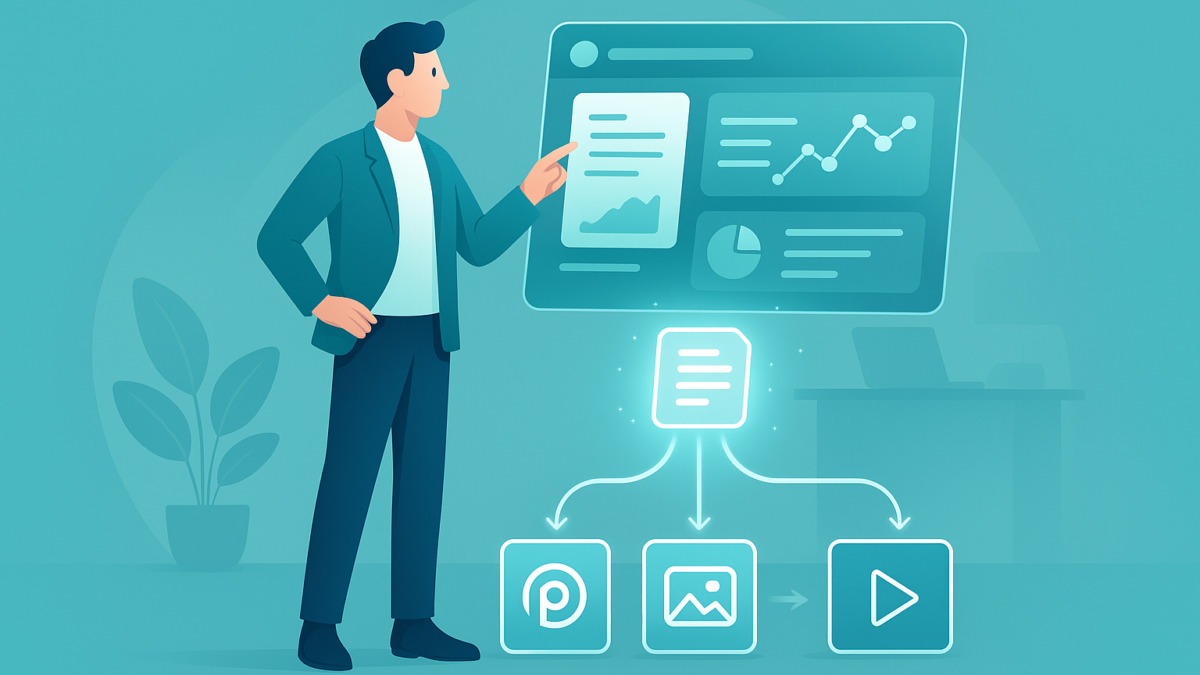 Person interacting with a digital content management interface, displaying analytics and options for content syndication, relevant to B2B marketing strategies for 2025.