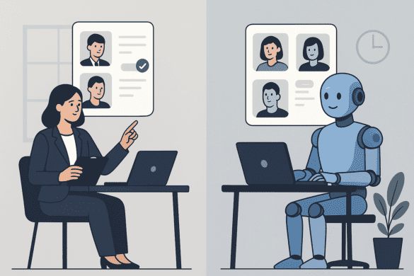 Woman in business attire discussing lead generation with human verified leads on screen, alongside a robot analyzing automated leads, representing the contrast between human and AI in marketing strategies.