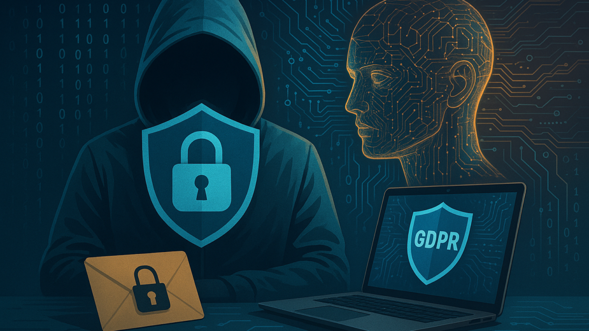 Hooded figure with a shield symbolizing data privacy, binary code background, and a laptop displaying GDPR, representing the importance of compliance in AI and data protection.