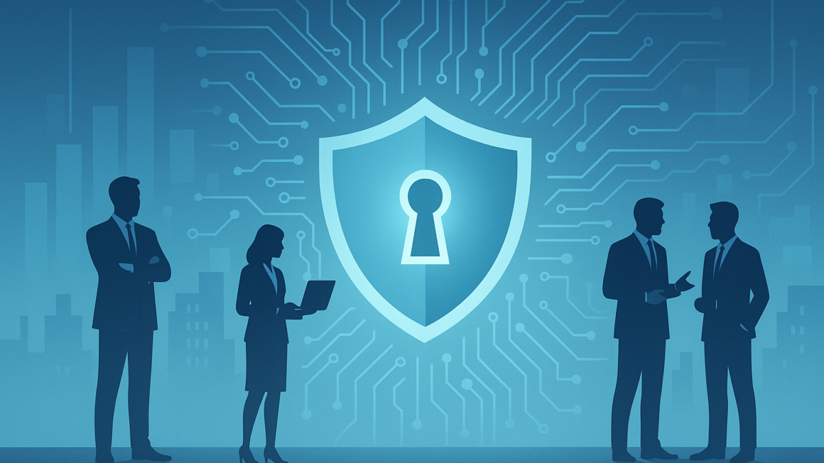 Silhouettes of business professionals discussing cybersecurity concepts in front of a digital shield with a keyhole, symbolizing adaptive cybersecurity innovations.