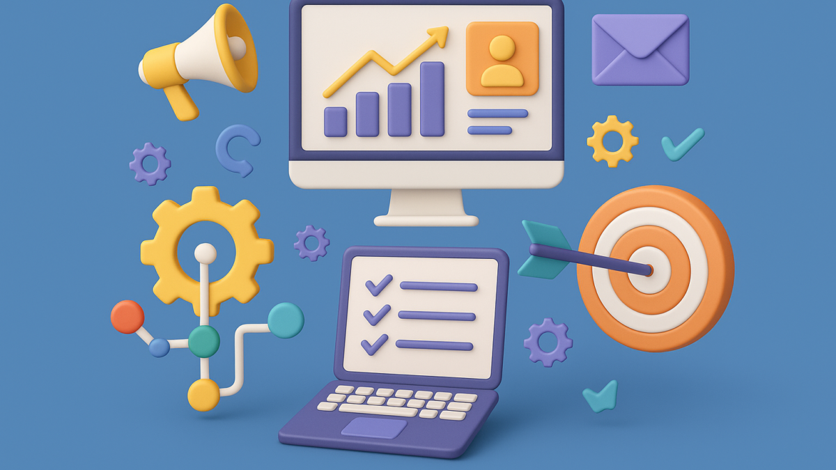 Colorful 3D illustration of marketing automation tools, featuring a computer screen with graphs, a laptop displaying checklists, gears, a bullseye target with an arrow, and various icons representing communication and analytics, relevant to tech lead strategies in 2025.