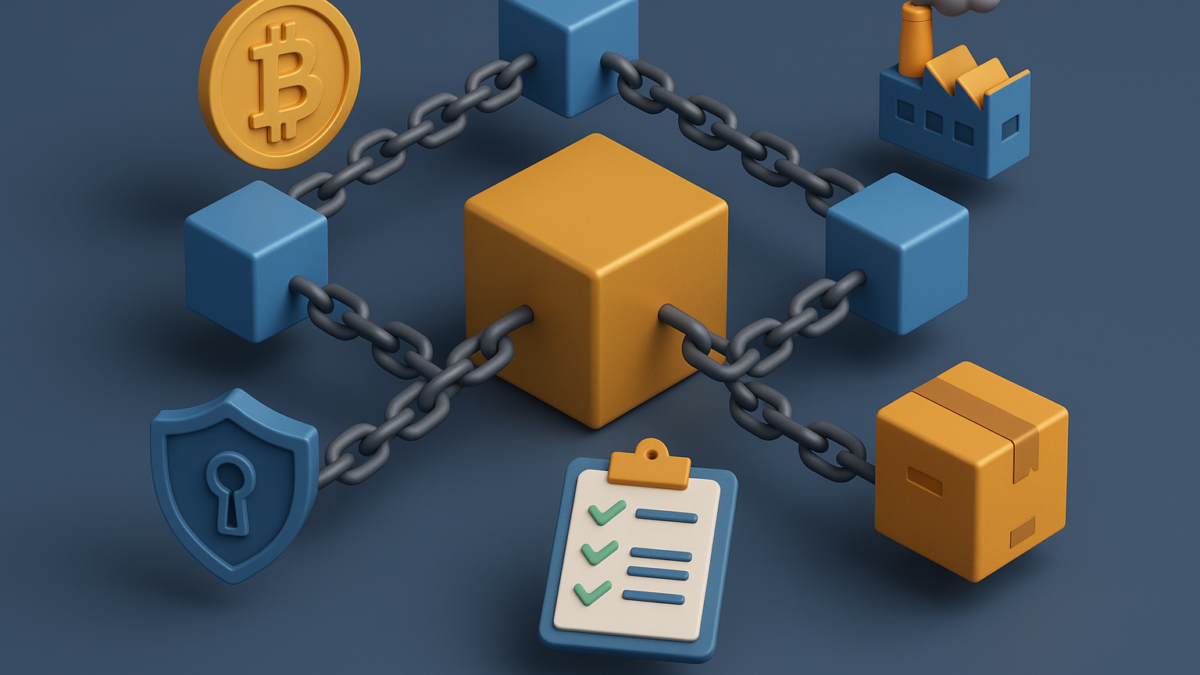 3D illustration of blockchain technology featuring a central orange cube connected by chains to various symbols representing industries: a Bitcoin icon, a factory, a shield for security, a checklist, and a package, highlighting real-world applications in supply chain, security, and efficiency.