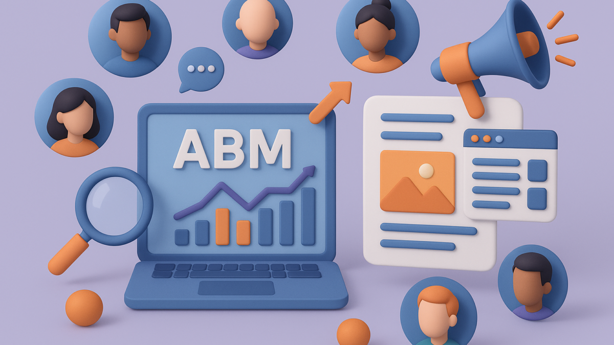 3D illustration of a laptop displaying "ABM" with graphs, surrounded by icons representing decision-makers, a magnifying glass, and a megaphone, symbolizing Account-Based Marketing and content syndication strategies for engaging B2B audiences.