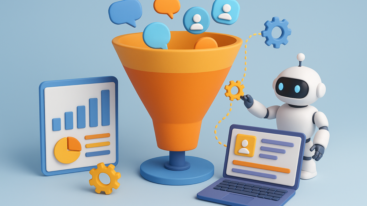 AI robot interacting with a lead generation funnel, colorful speech bubbles, charts, and a laptop displaying user data, symbolizing automation in lead generation for B2B marketing.