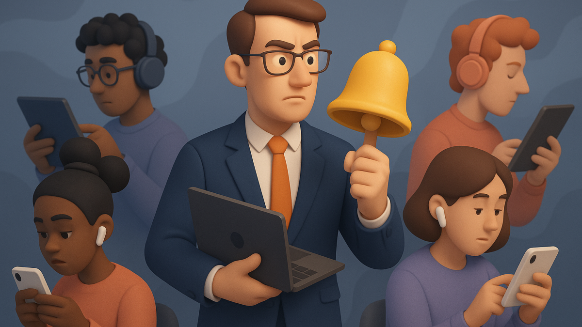 Business professional holding a bell and laptop, surrounded by distracted individuals using mobile devices and tablets, illustrating the challenges of capturing attention in the B2B marketing landscape.