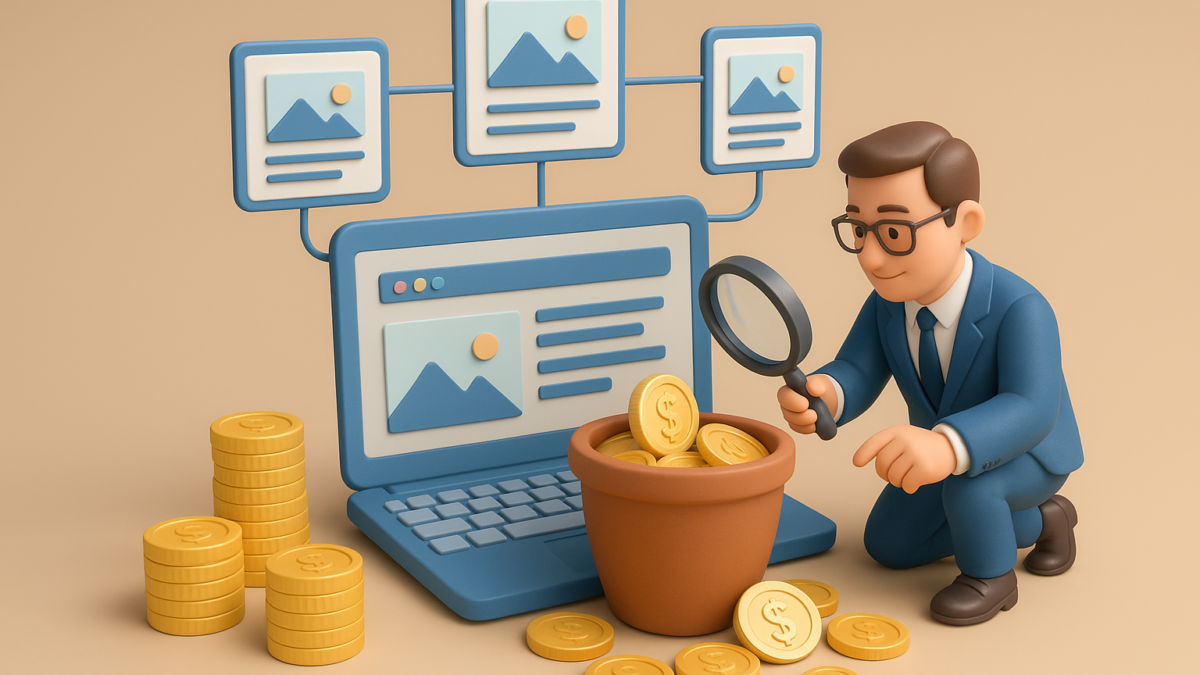 3D illustration of a businessman analyzing content syndication benefits, with a laptop displaying digital marketing elements and a pot of coins, symbolizing ROI in B2B marketing strategies for 2025.