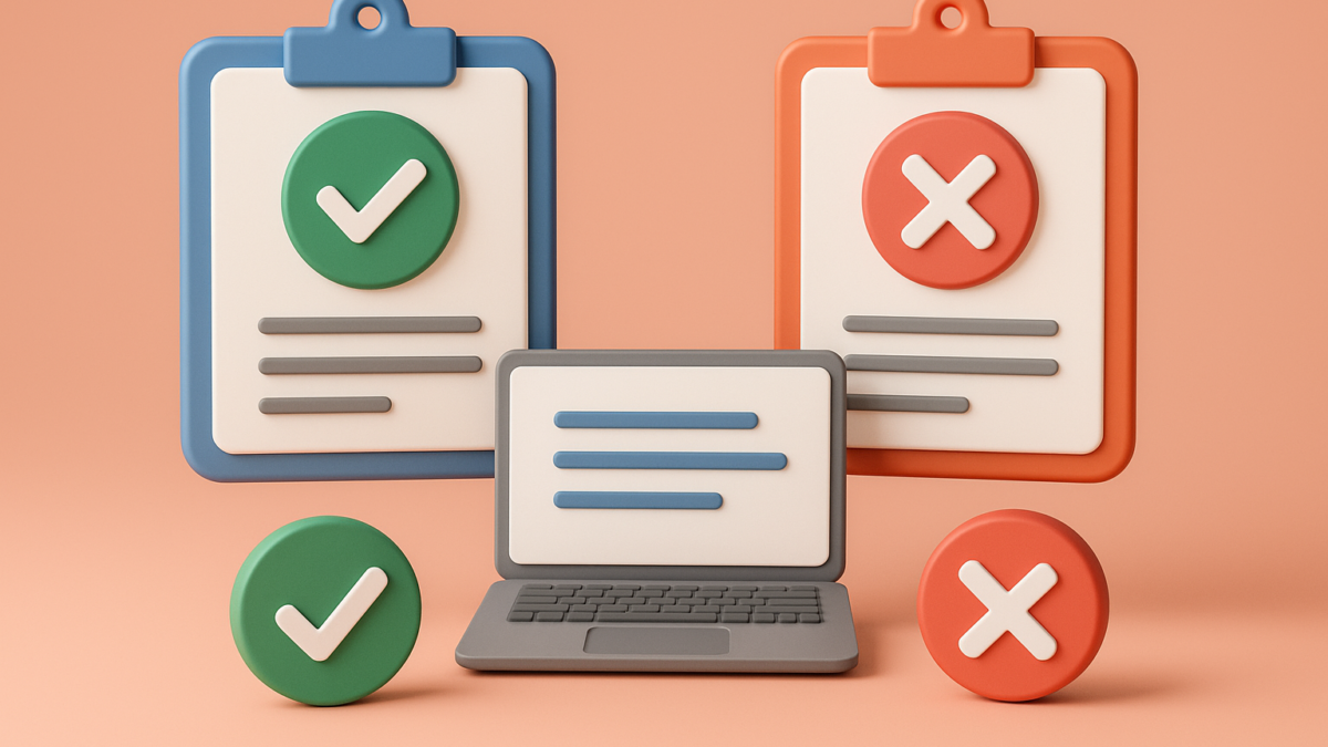Laptop with checklist icons indicating approval and disapproval, representing content syndication do's and don'ts in tech marketing.