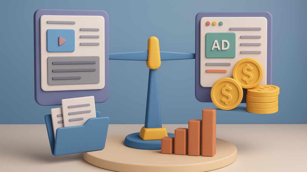 Scale balancing content syndication and paid ads, featuring documents, a digital ad, coins, and a bar graph, representing B2B marketing ROI strategies in 2025.