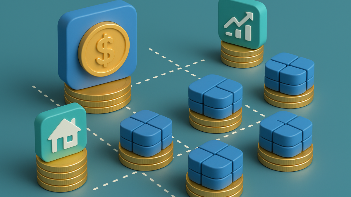 Tokenized assets and fractional ownership concept illustration, featuring gold coins, a dollar symbol, and a house icon, representing innovative investment opportunities in FinTech.