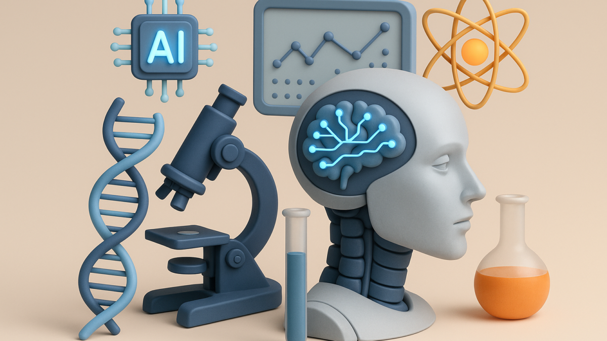 AI-themed illustration featuring a stylized human head with neural circuitry, a microscope, DNA helix, laboratory flask, and data graph, symbolizing AI's role in research and discovery in 2025.