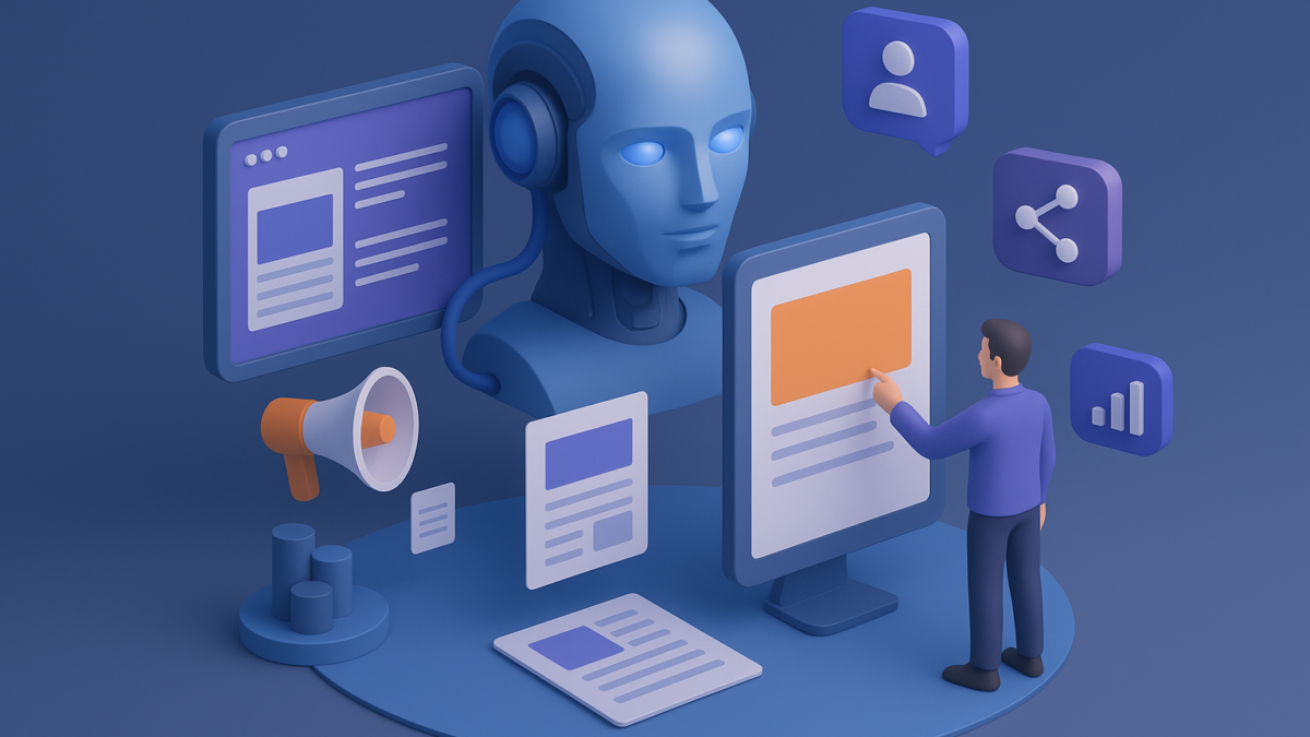 AI character interacting with digital content on a computer screen, surrounded by marketing icons like a megaphone, documents, and analytics, illustrating AI-infused content syndication in B2B marketing.