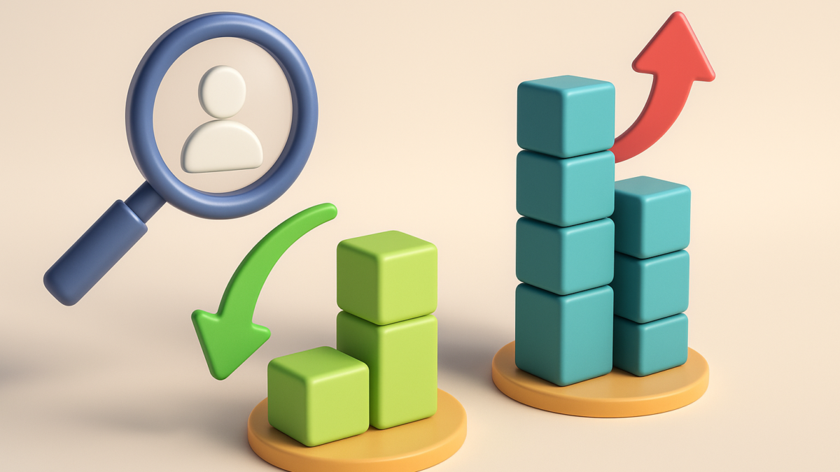 3D illustration of bar graphs representing lead quality metrics, with a magnifying glass over a user icon, symbolizing personalized engagement and intent-driven strategies in B2B lead generation for 2025.