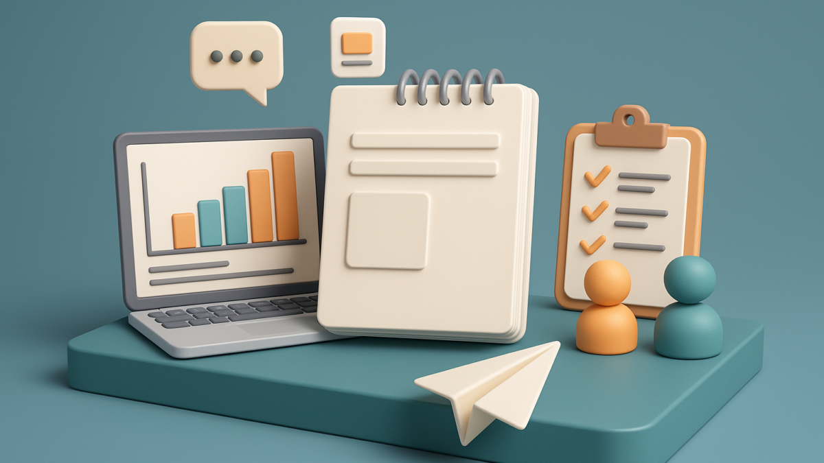 3D illustration of a laptop displaying a bar graph, a notepad, a clipboard with checkmarks, two abstract figures, and a paper airplane, symbolizing whitepaper syndication and B2B marketing strategies.