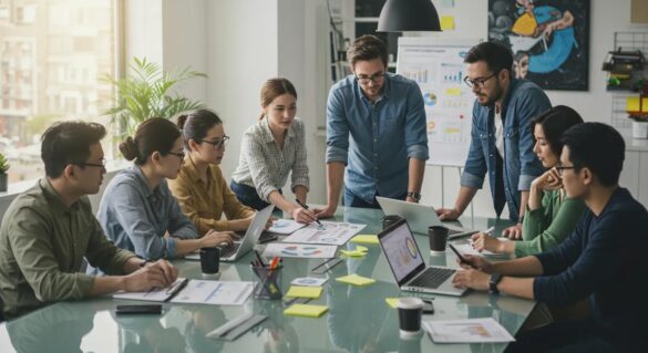 Professionals Collaborating On Content Syndication Strategies In A Modern Office Setting