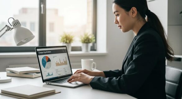 B2B Marketer Analyzing Content Syndication Platforms In A Professional Workspace