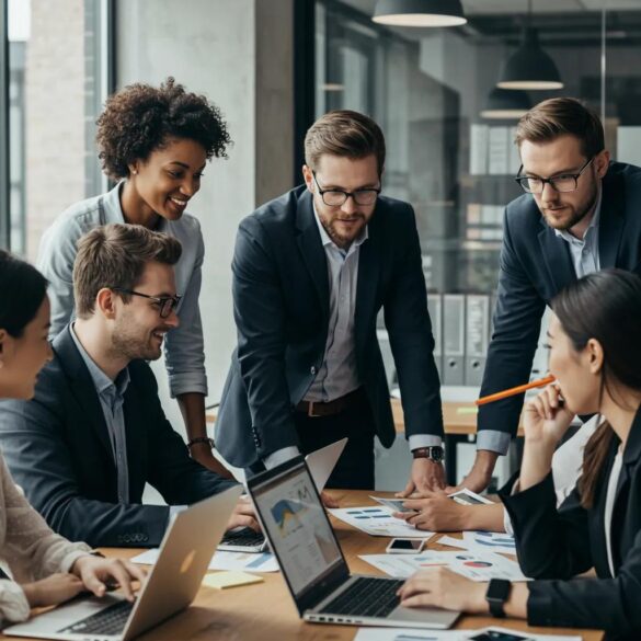 B2B Professionals Collaborating On Content Syndication Strategies In A Modern Office