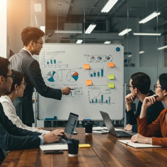 Business Professionals Collaborating In A Modern Office, Emphasizing Teamwork And Innovation In Sales Strategies