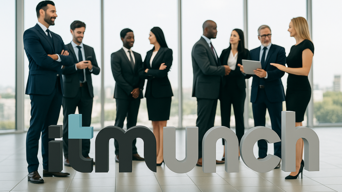 Business professionals collaborating in a modern office setting, featuring the iTMunch logo prominently in the foreground, symbolizing B2B content syndication and marketing strategies.