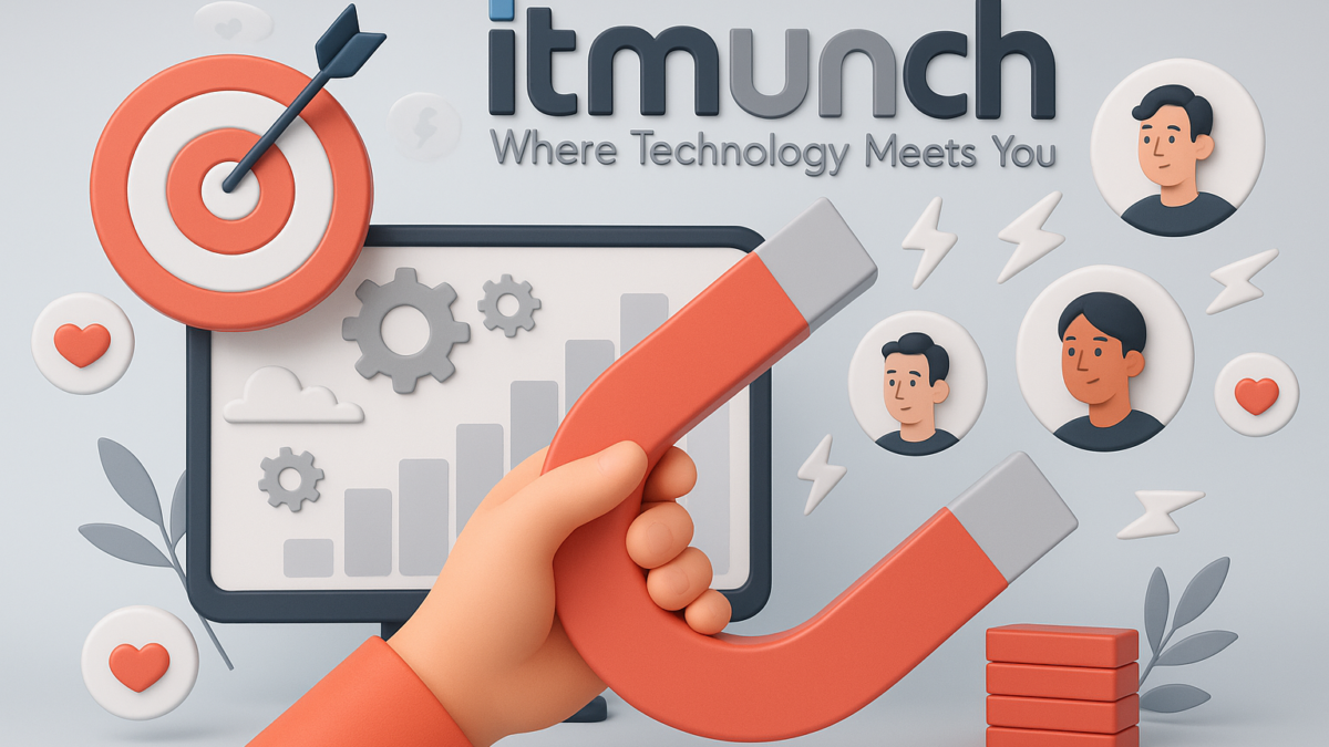 Hand holding a red magnet attracting icons of people and a target, alongside a graph and gears, symbolizing iTMunch's B2B lead generation strategies, best content syndication platform
