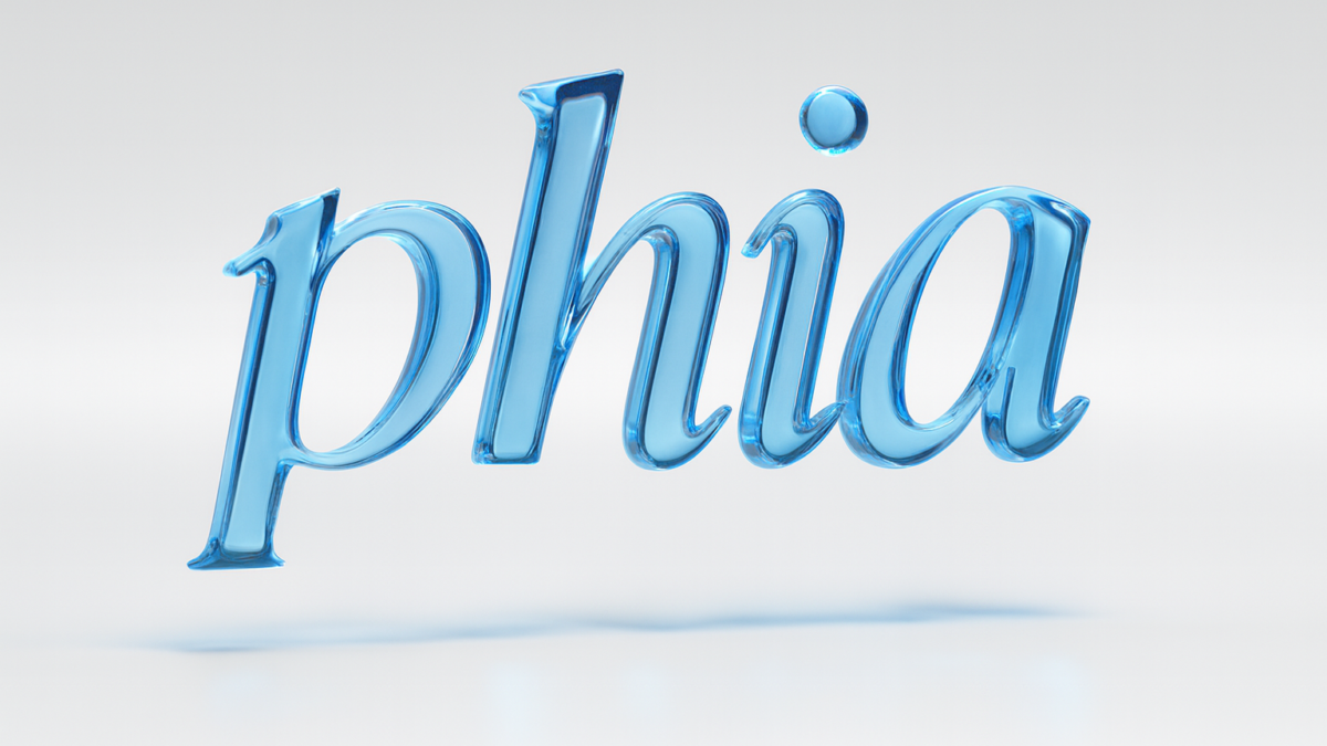 3D blue text spelling "phia," representing an AI-powered fashion shopping assistant for sustainable choices.