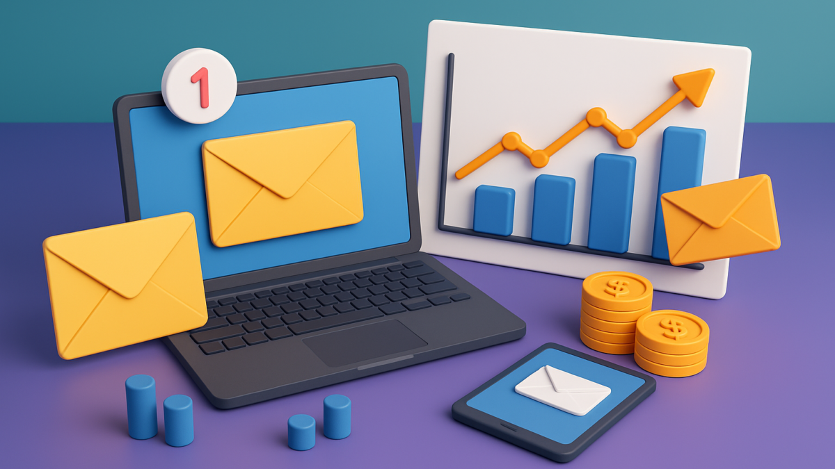 Laptop displaying email notifications with yellow envelopes, bar graph indicating growth, and stacks of coins, b2b content syndication,  symbolizing email marketing effectiveness and ROI for B2B brands in 2025.