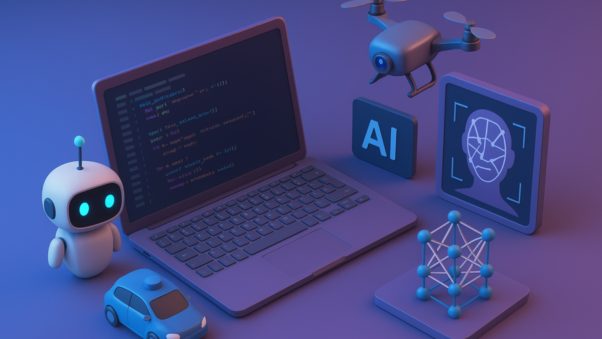 Laptop displaying coding snippets related to AI, accompanied by a robot figure, a drone, an AI icon, and a neural network model, emphasizing machine learning and AI project ideas for developers in 2025.