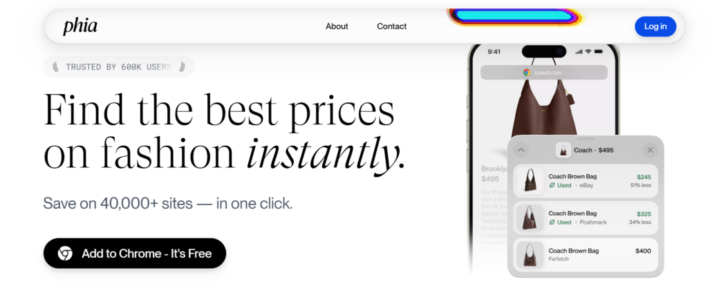 Phia shopping platform interface showcasing price comparison for a Coach brown bag, emphasizing instant fashion deals and sustainability across 40,000+ sites.
