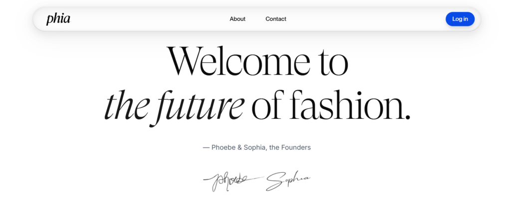 Welcome to the future of fashion text displayed prominently on Phia's homepage, emphasizing innovation and sustainability in online shopping.
