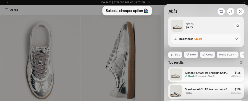 Sleek silver sneakers displayed with price comparison options from Phia, highlighting sustainable fashion choices and second-hand listings.
